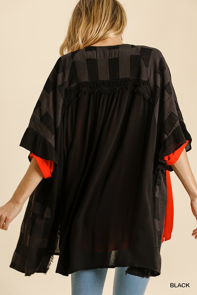 Textured Ruffle Open Front Kimono with Half Sleeve and Frayed Edged Details Ivy and Pearl Boutique