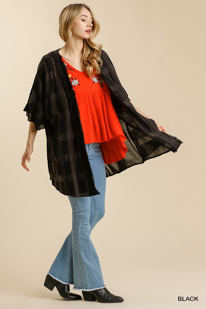 Textured Ruffle Open Front Kimono with Half Sleeve and Frayed Edged Details Ivy and Pearl Boutique