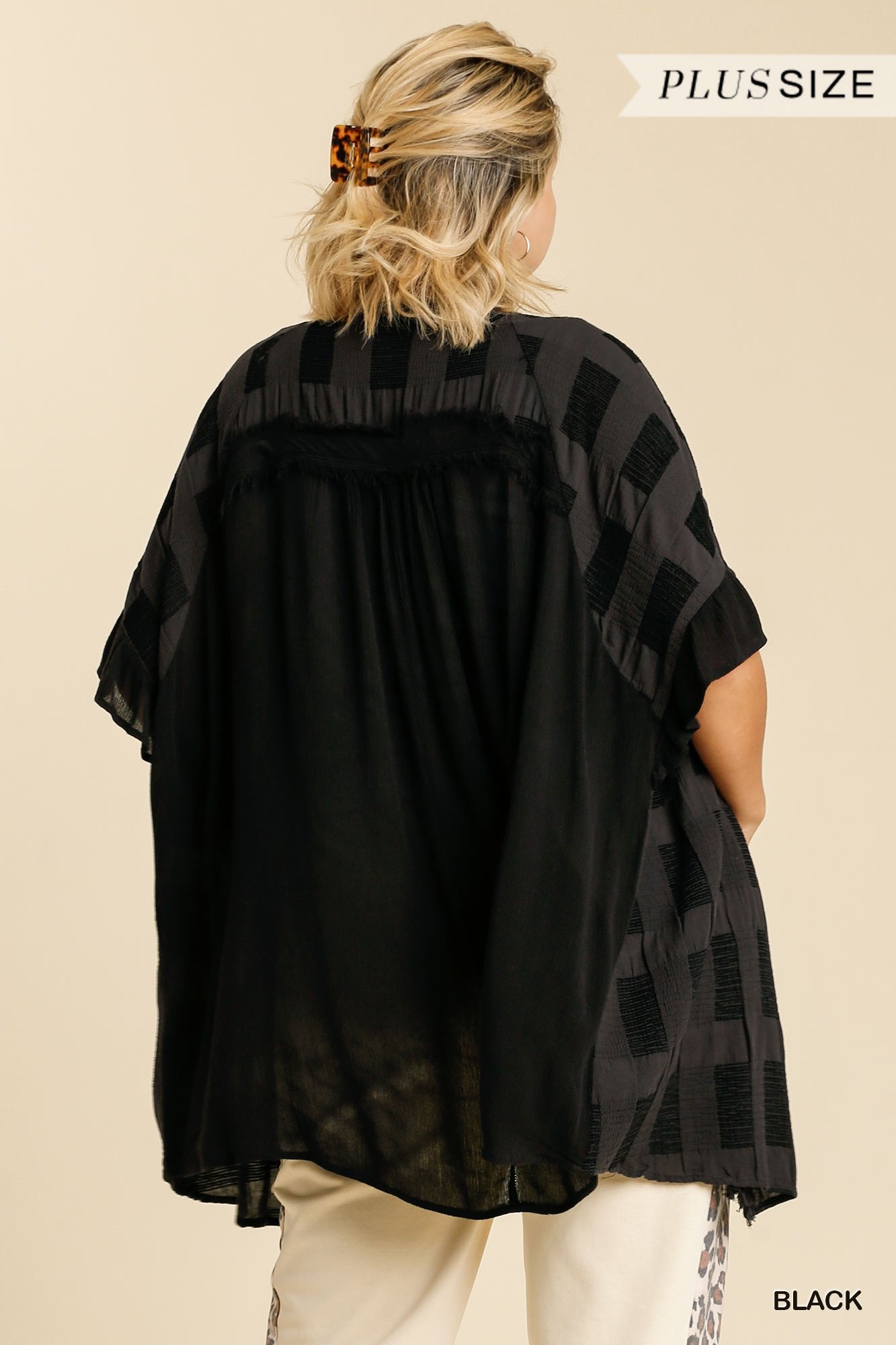 Textured Ruffle Open Front Kimono with Half Sleeve and Frayed Edged Details Ivy and Pearl Boutique