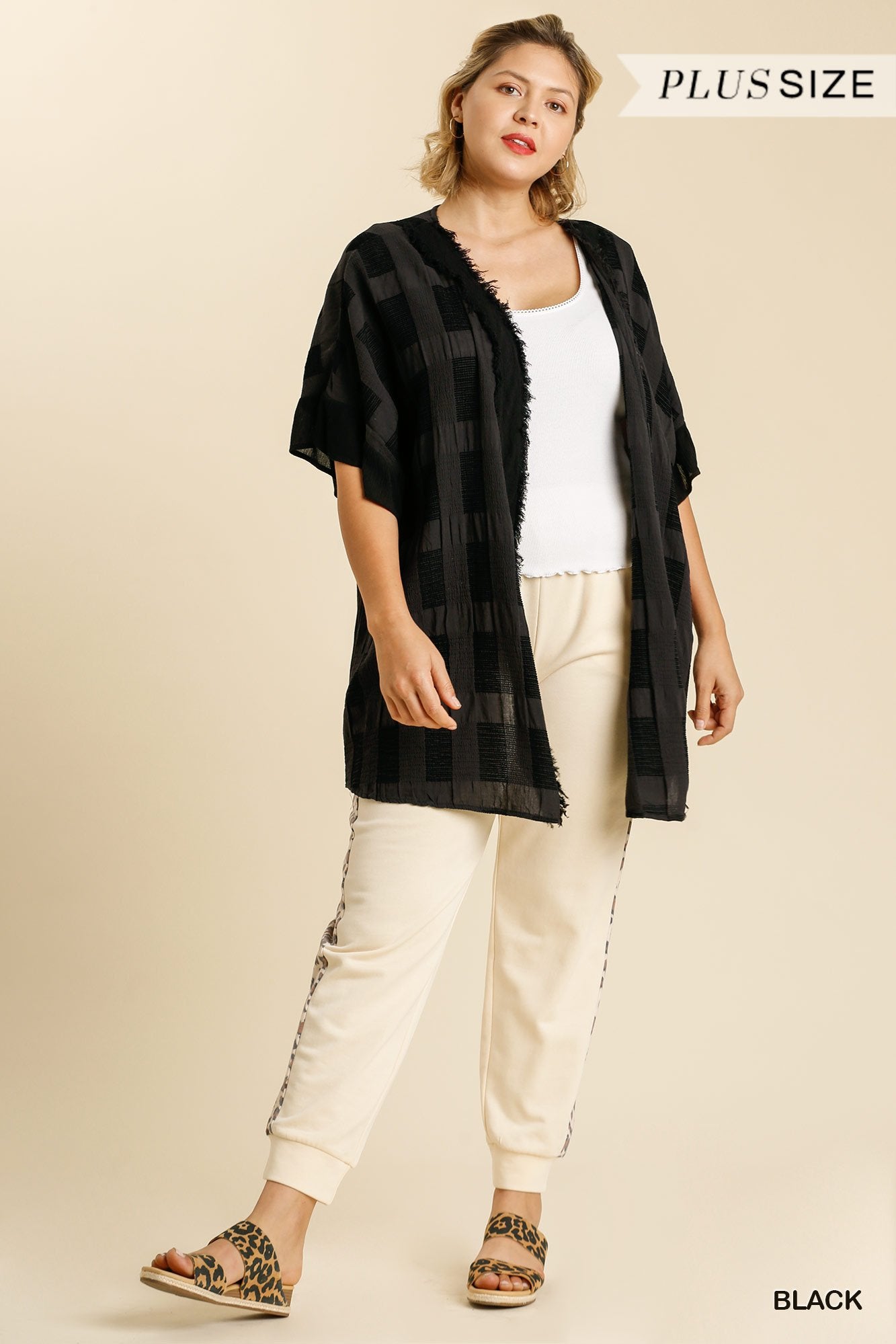 Textured Ruffle Open Front Kimono with Half Sleeve and Frayed Edged Details Ivy and Pearl Boutique
