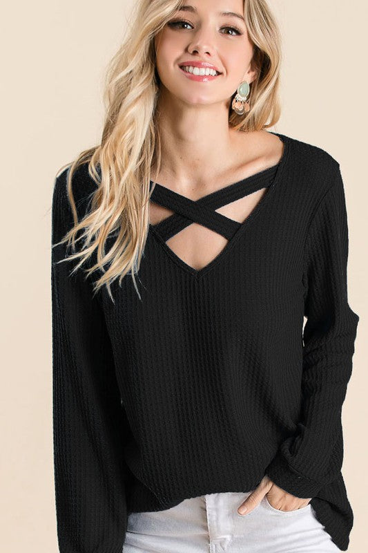 Thermal Waffle knit Top with Criss Cross Neck Detail  Ivy and Pearl Boutique S Black