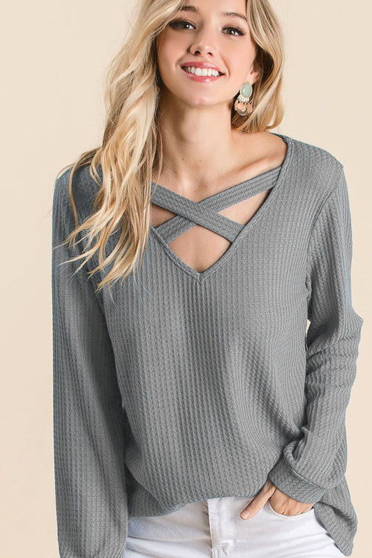 Thermal Waffle knit Top with Criss Cross Neck Detail  Ivy and Pearl Boutique S Charcoal