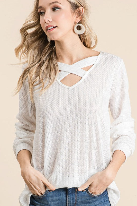 Thermal Waffle knit Top with Criss Cross Neck Detail  Ivy and Pearl Boutique S Oat