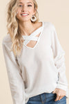 Thermal Waffle knit Top with Criss Cross Neck Detail  Ivy and Pearl Boutique