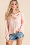 Thermal Waffle knit Top with Criss Cross Neck Detail  Ivy and Pearl Boutique S Blush