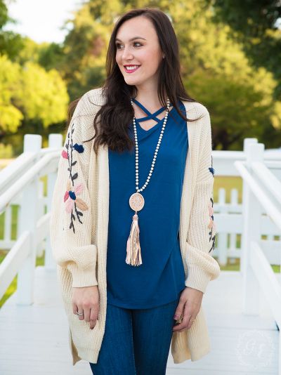 Thick knit cardigan with embroidered flower sleeves Ivy and Pearl Boutique