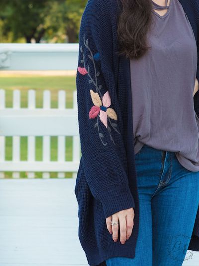 Thick knit cardigan with embroidered flower sleeves Ivy and Pearl Boutique