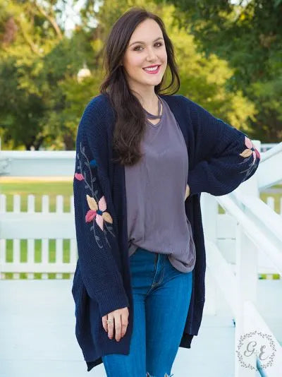 Thick knit cardigan with embroidered flower sleeves Ivy and Pearl Boutique Beige XL/2XL