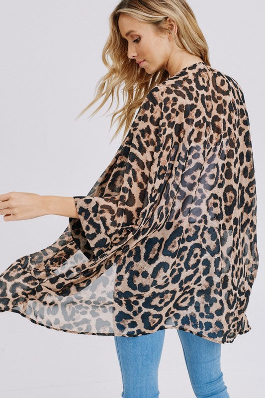 Three-quarter sleeve animal print chiffon kimono cardigan Ivy and Pearl Boutique