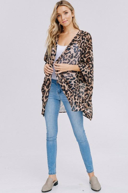 Three-quarter sleeve animal print chiffon kimono cardigan Ivy and Pearl Boutique