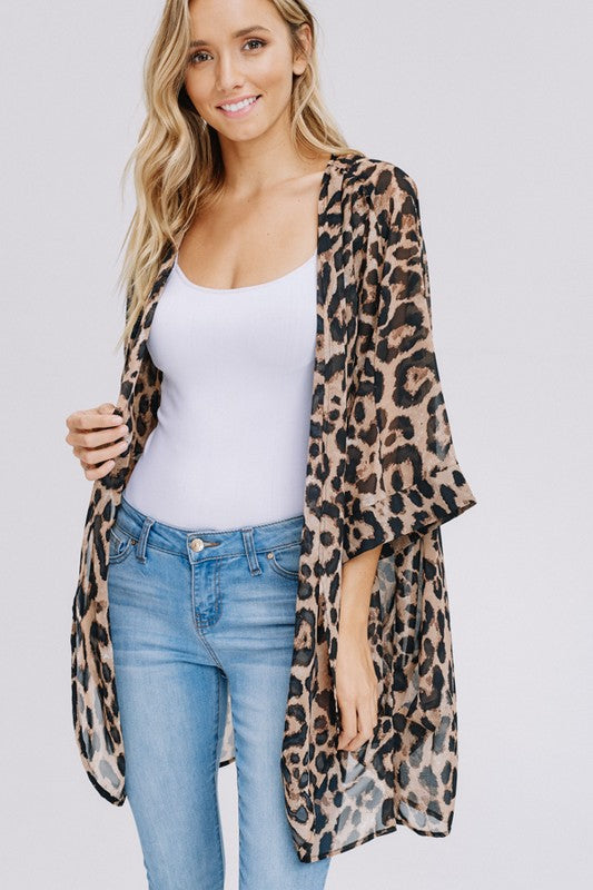 Three-quarter sleeve animal print chiffon kimono cardigan Ivy and Pearl Boutique