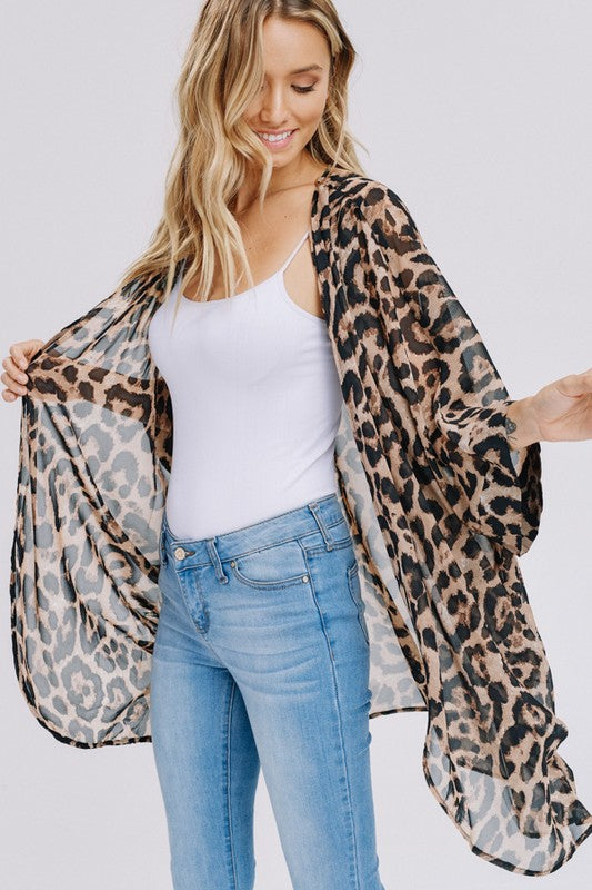 Three-quarter sleeve animal print chiffon kimono cardigan Ivy and Pearl Boutique