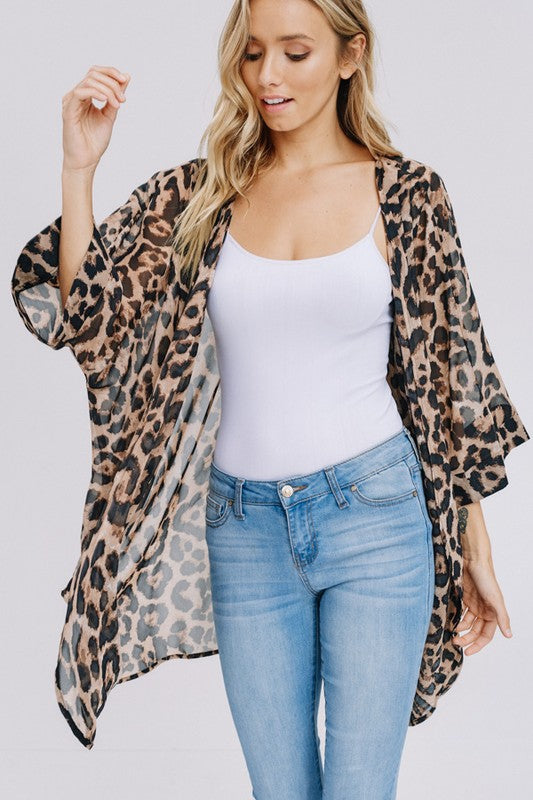 Three-quarter sleeve animal print chiffon kimono cardigan Ivy and Pearl Boutique S/M