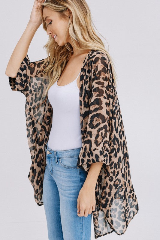 Three-quarter sleeve animal print chiffon kimono cardigan Ivy and Pearl Boutique