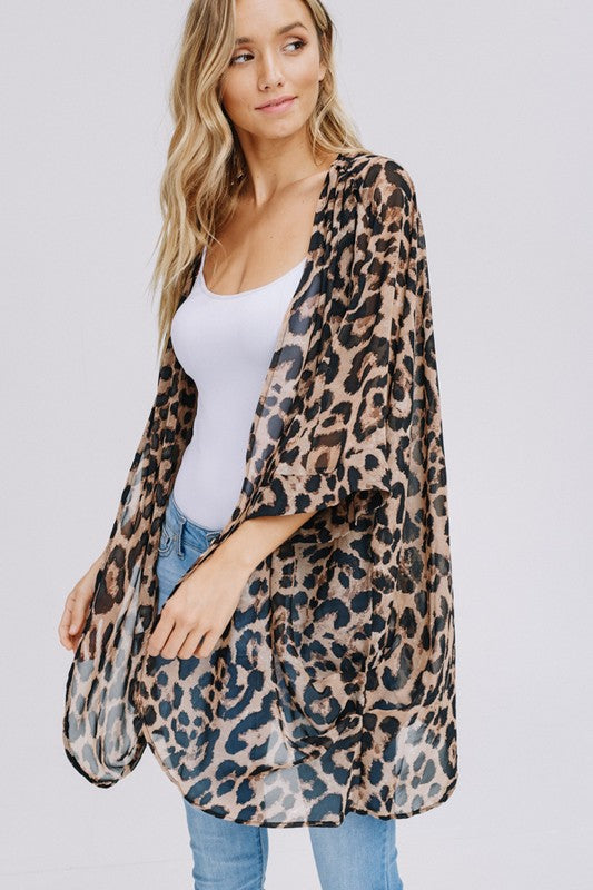 Three-quarter sleeve animal print chiffon kimono cardigan Ivy and Pearl Boutique