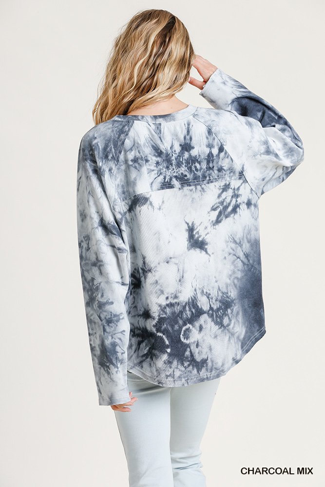 Tie Dye Raglan Sleeve Top - Tie Dye Long Raglan Sleeve Raw Edged Hem Top with High Low Hem Ivy and Pearl Boutique