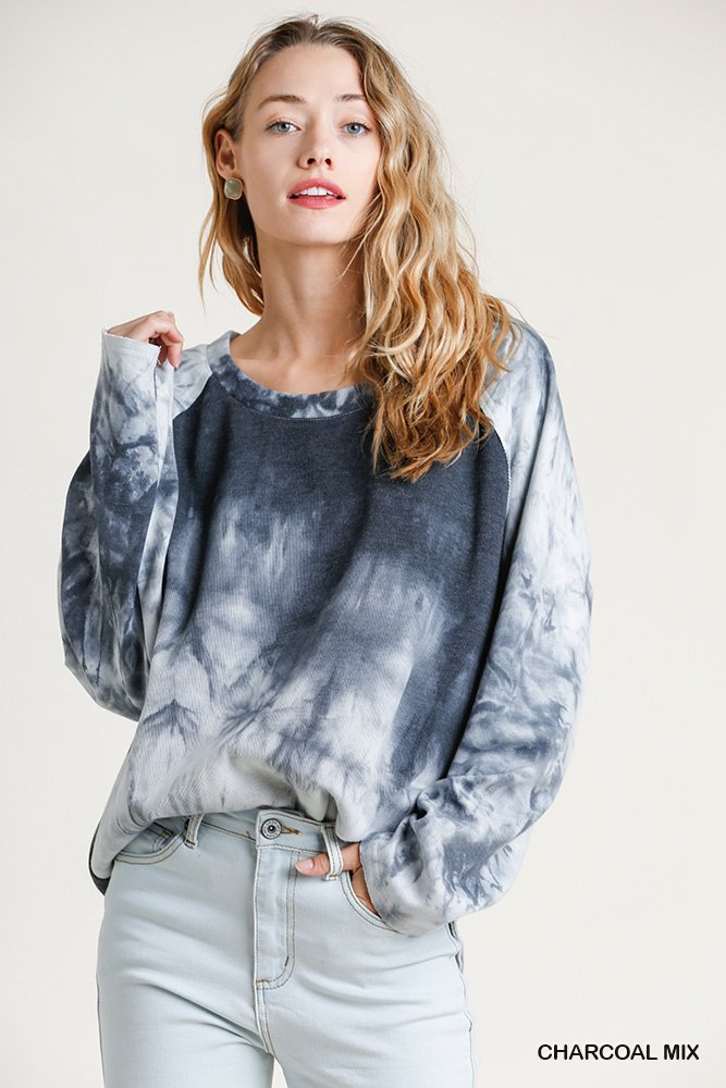 Tie Dye Raglan Sleeve Top - Tie Dye Long Raglan Sleeve Raw Edged Hem Top with High Low Hem Ivy and Pearl Boutique Charcoal S
