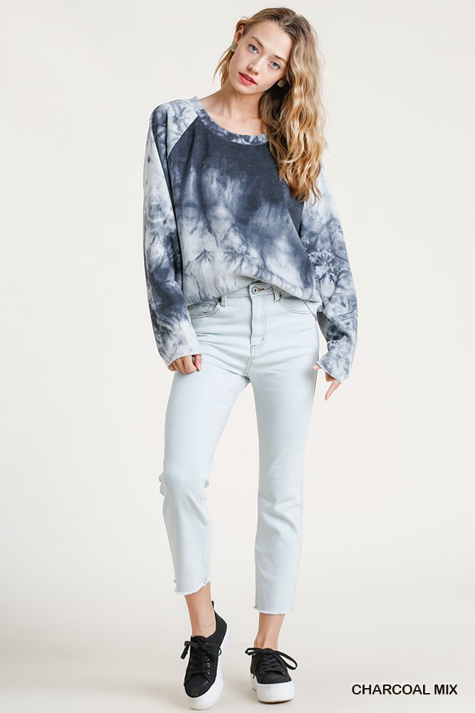 Tie Dye Raglan Sleeve Top - Tie Dye Long Raglan Sleeve Raw Edged Hem Top with High Low Hem Ivy and Pearl Boutique