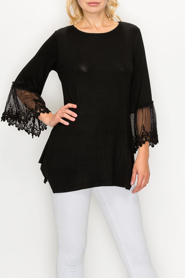 Tunic top with lace trim on sleeves Ivy and Pearl Boutique M Black