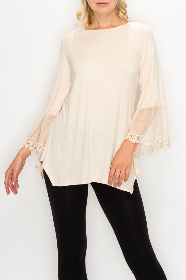 Tunic top with lace trim on sleeves Ivy and Pearl Boutique M Ivory