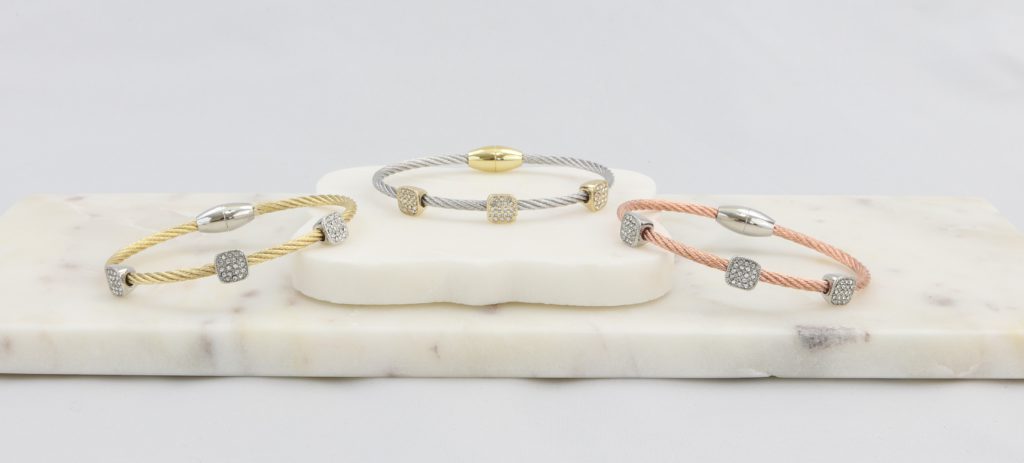 Twisted cable bracelet with square-clusters of diamond-like cubic zirconia stones Ivy and Pearl Boutique
