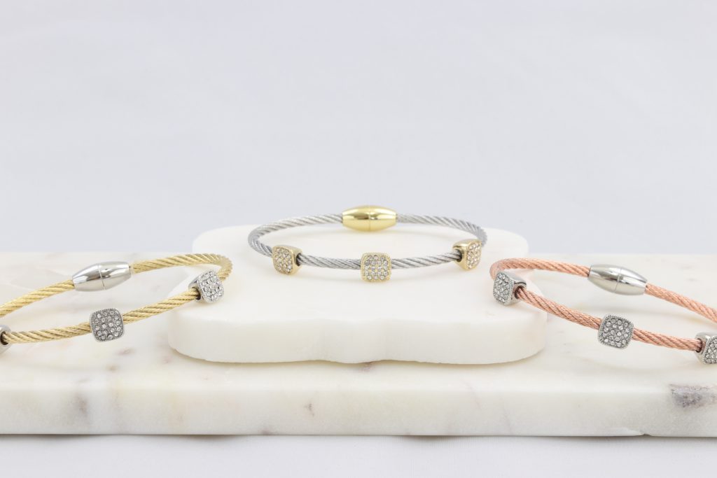 Twisted cable bracelet with square-clusters of diamond-like cubic zirconia stones Ivy and Pearl Boutique