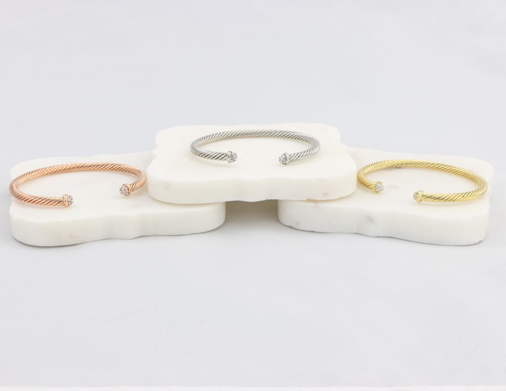 Rope cuff bracelet capped with diamond-like cubic zirconia gems Ivy and Pearl Boutique Rose Gold