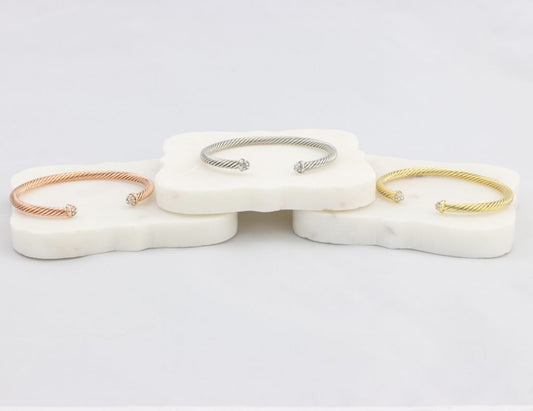 Rope cuff bracelet capped with diamond-like cubic zirconia gems  Ivy and Pearl Boutique Rose Gold