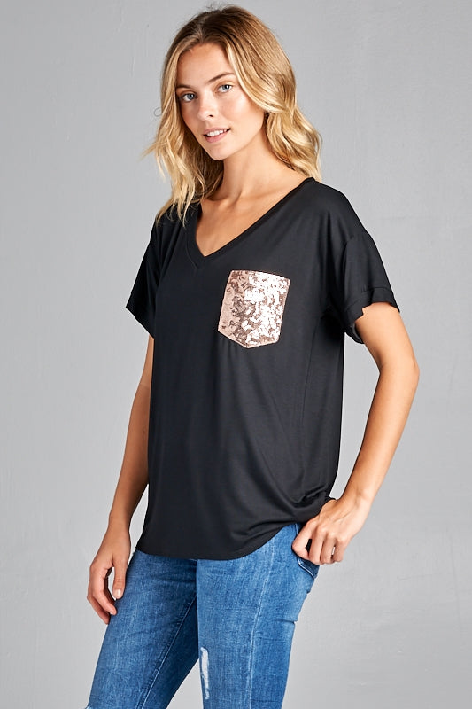 Ultra soft sequin pocket short sleeve V-neck top Ivy and Pearl Boutique