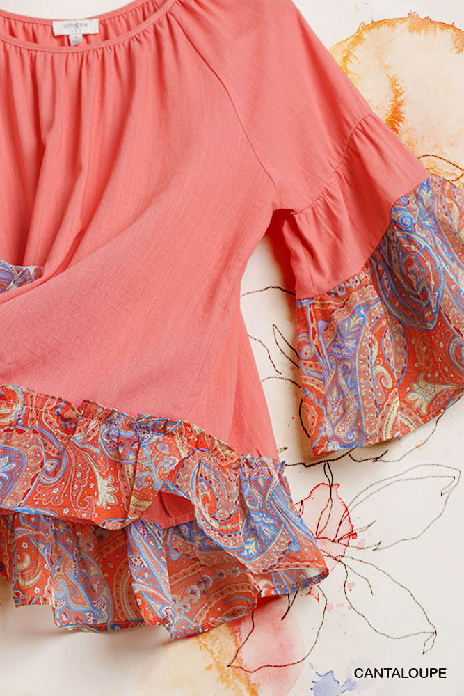 Umgee Paisley Top - Umgee 3/4 Sleeved Top with Paisley Print Details Ivy and Pearl Boutique S