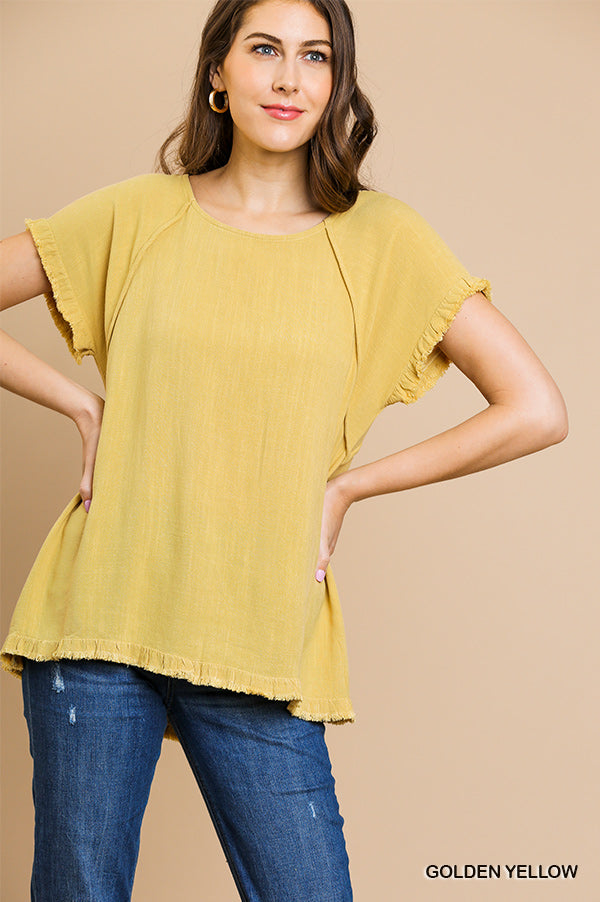 Umgee short sleeve round-neck high-low top with fringe hems Ivy and Pearl Boutique Golden Yellow S