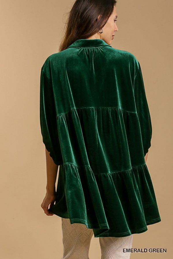 Velvet 3/4 sleeve button down tunic dress with tiered back and high-low hem Ivy and Pearl Boutique