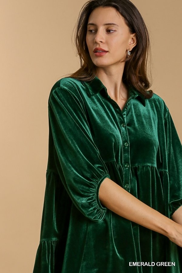 Velvet 3/4 sleeve button down tunic dress with tiered back and high-low hem Ivy and Pearl Boutique