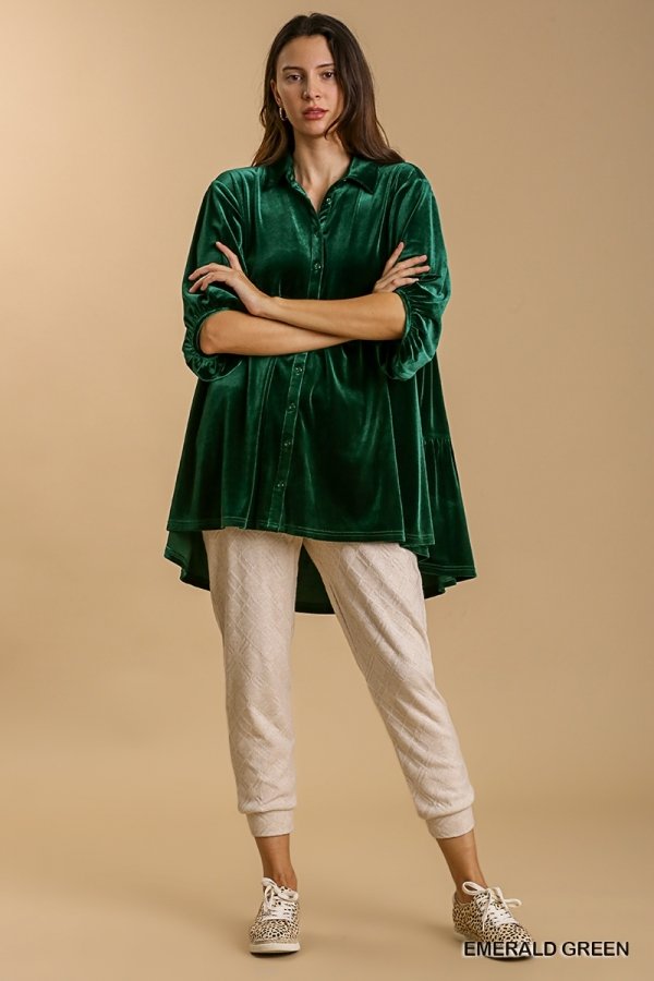 Velvet 3/4 sleeve button down tunic dress with tiered back and high-low hem Ivy and Pearl Boutique