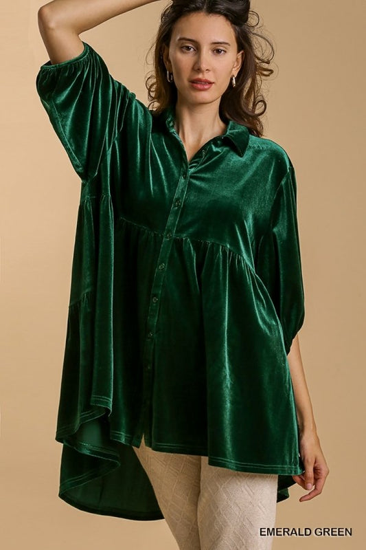 Velvet 3/4 sleeve button down tunic dress with tiered back and high-low hem  Ivy and Pearl Boutique Green S