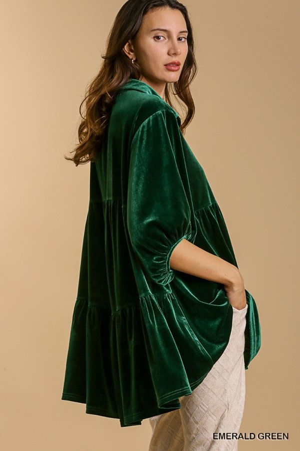 Velvet 3/4 sleeve button down tunic dress with tiered back and high-low hem Ivy and Pearl Boutique