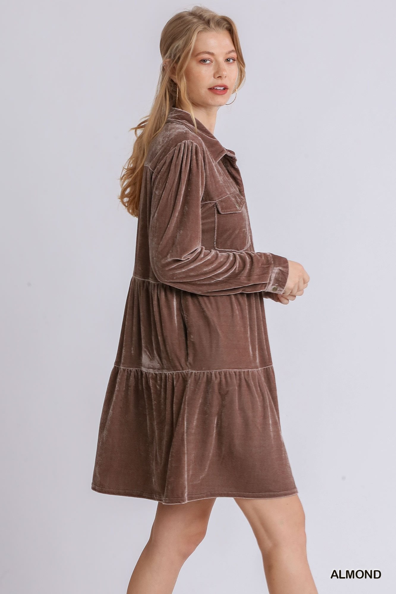 Velvet Long Sleeve Collar Button Down Tiered Dress with Pockets and No Lining - RESTOCKED! Ivy and Pearl Boutique