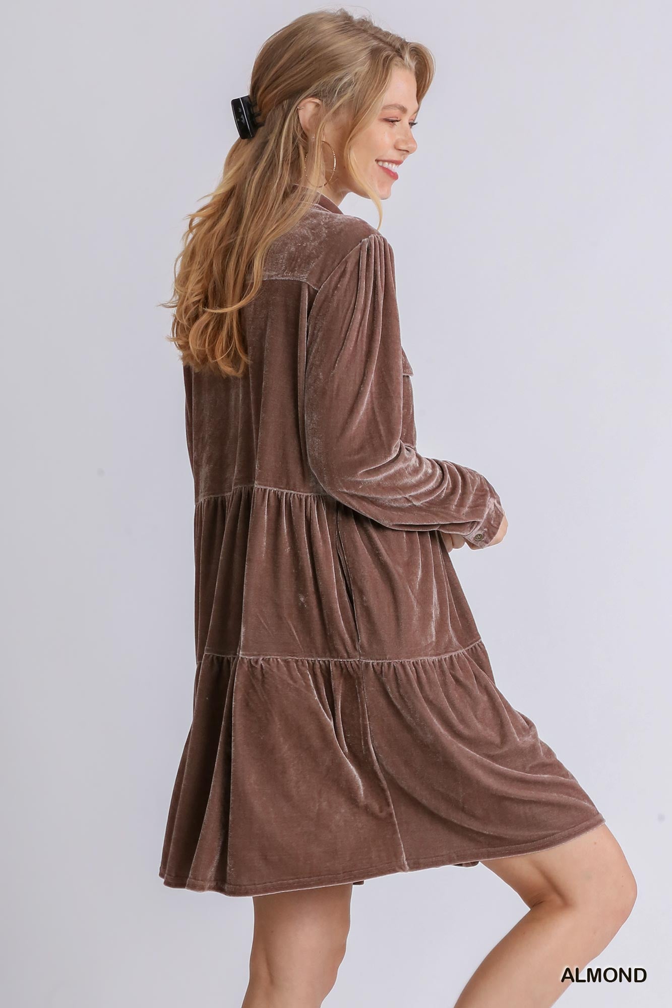 Velvet Long Sleeve Collar Button Down Tiered Dress with Pockets and No Lining - RESTOCKED! Ivy and Pearl Boutique