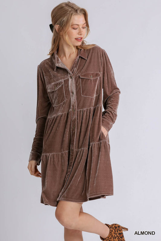 Velvet Long Sleeve Collar Button Down Tiered Dress with Pockets and No Lining - RESTOCKED!  Ivy and Pearl Boutique Brown S