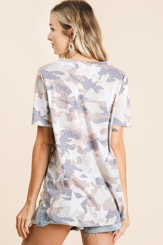 Vintage Camouflage Star Print V-Neck Top with strapped front neck detail Ivy and Pearl Boutique