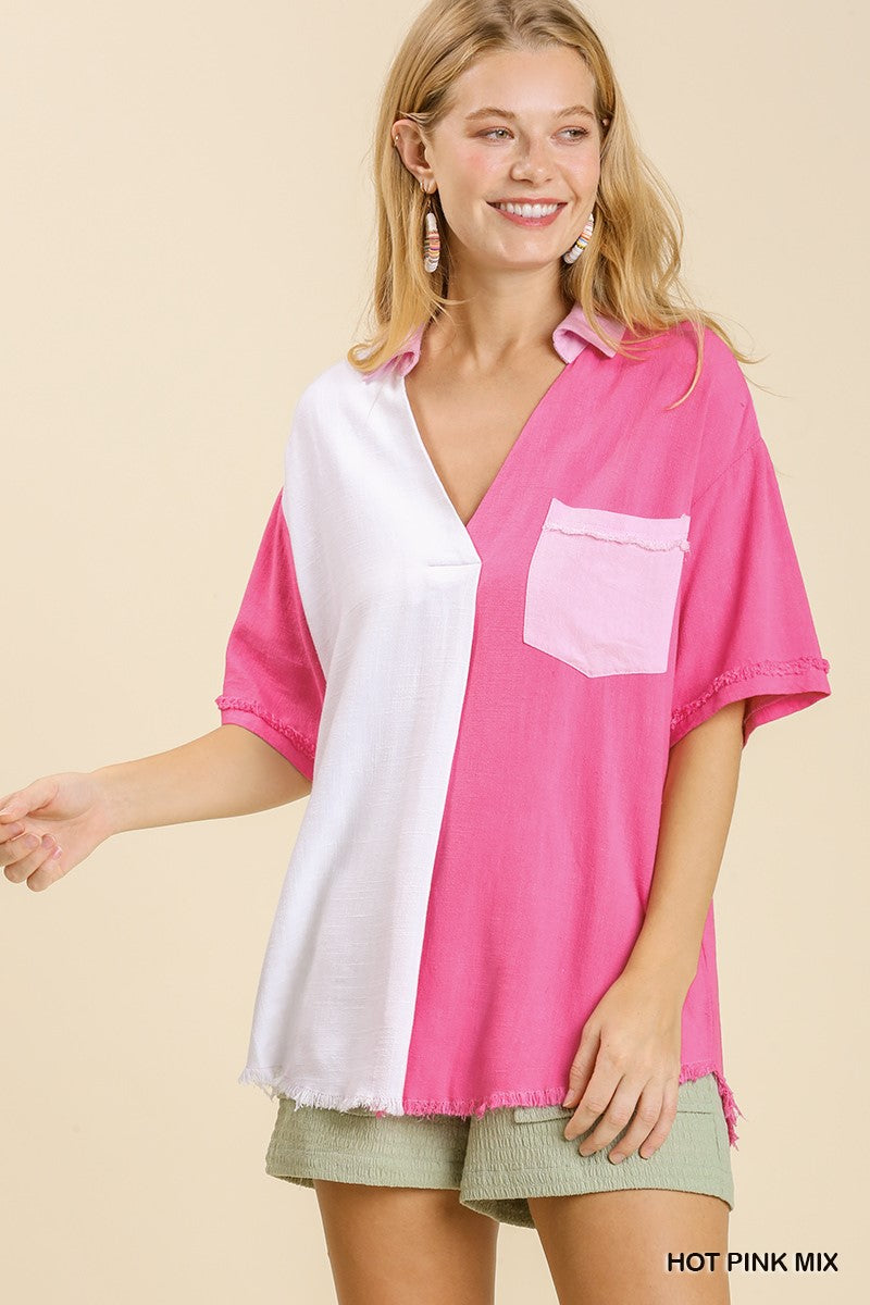 Linen Blend Color Block Gauze Button Up Short Folded Sleeve Top with Chest Pocket and Frayed Hemline Ivy and Pearl Boutique