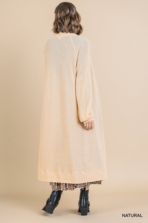 Waffle Knit Long Puff Sleeve Open Front Long Cardigan Sweater Ivy and Pearl Boutique
