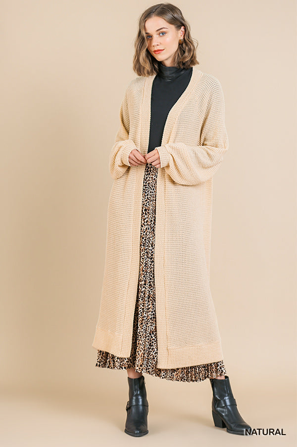 Waffle Knit Long Puff Sleeve Open Front Long Cardigan Sweater Ivy and Pearl Boutique Cream S