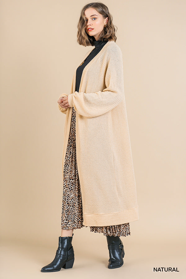 Waffle Knit Long Puff Sleeve Open Front Long Cardigan Sweater Ivy and Pearl Boutique