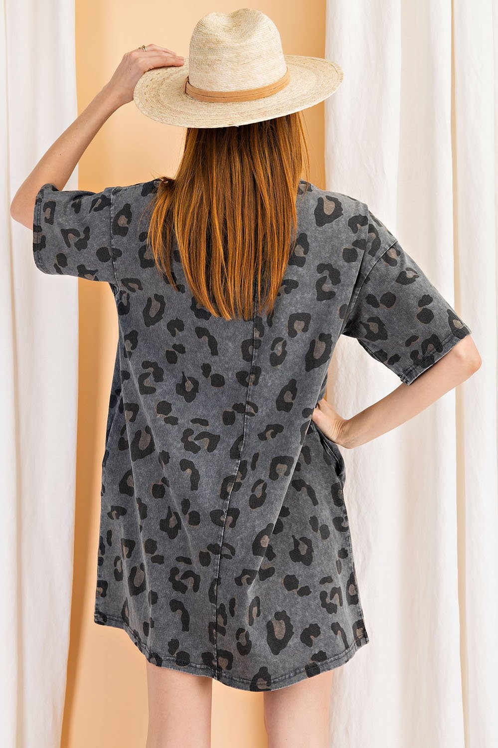 Short sleeves animal print washed oversized knit tee dress - Washed Leopard Tunic Tee Dress Ivy and Pearl Boutique