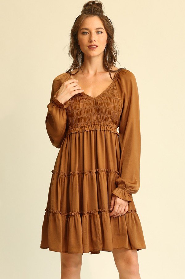 Washed satin smocking bodice ruffle dress with skirt lining Ivy and Pearl Boutique Carmel S