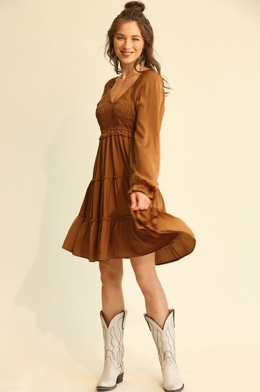 Washed satin smocking bodice ruffle dress with skirt lining Ivy and Pearl Boutique