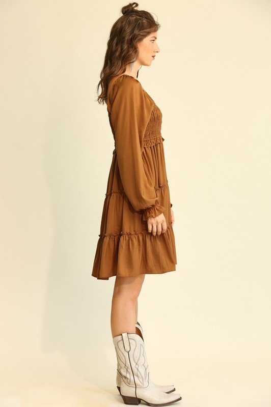 Washed satin smocking bodice ruffle dress with skirt lining Ivy and Pearl Boutique