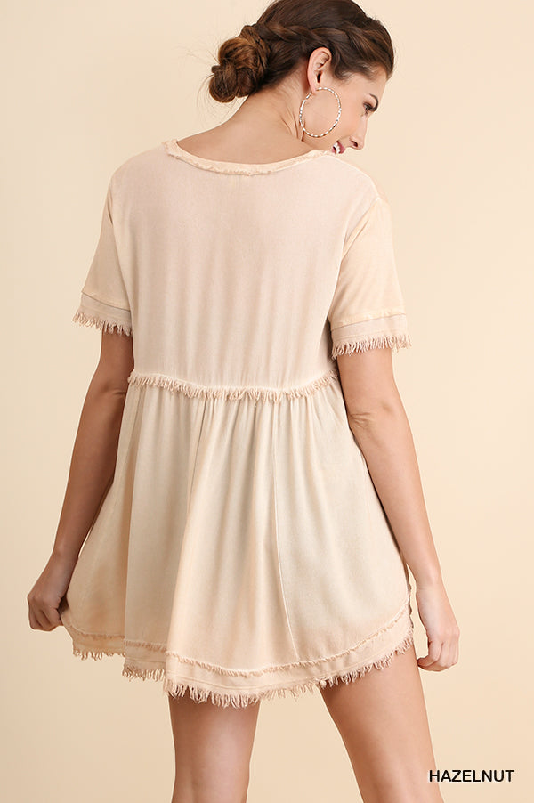 Washed Short Sleeve Top with Frayed and Gathered Details Ivy and Pearl Boutique