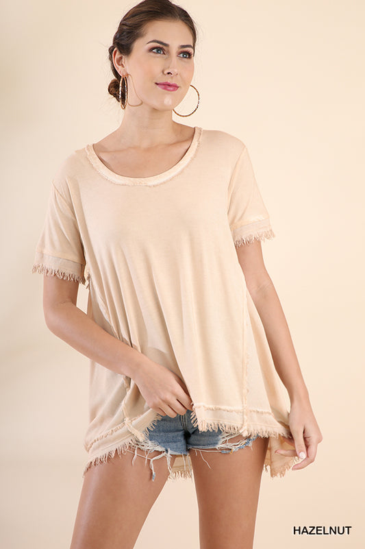 Washed Short Sleeve Top with Frayed and Gathered Details  Ivy and Pearl Boutique Hazlenut S